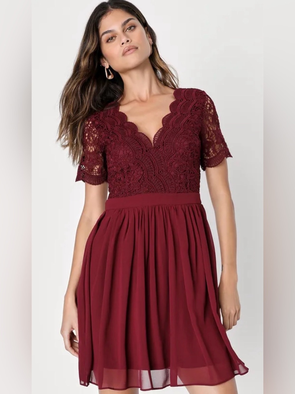 Lulus NWT Angel In Disguise Burgundy Lace Chiffon Mini Dress M